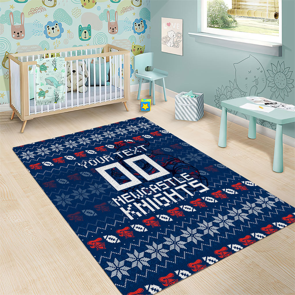 Personalized Newcastle Knights Christmas Area Rug Australian Rugby Fans - Pixelated Ugly Xmas Pattern Mascot Santa
