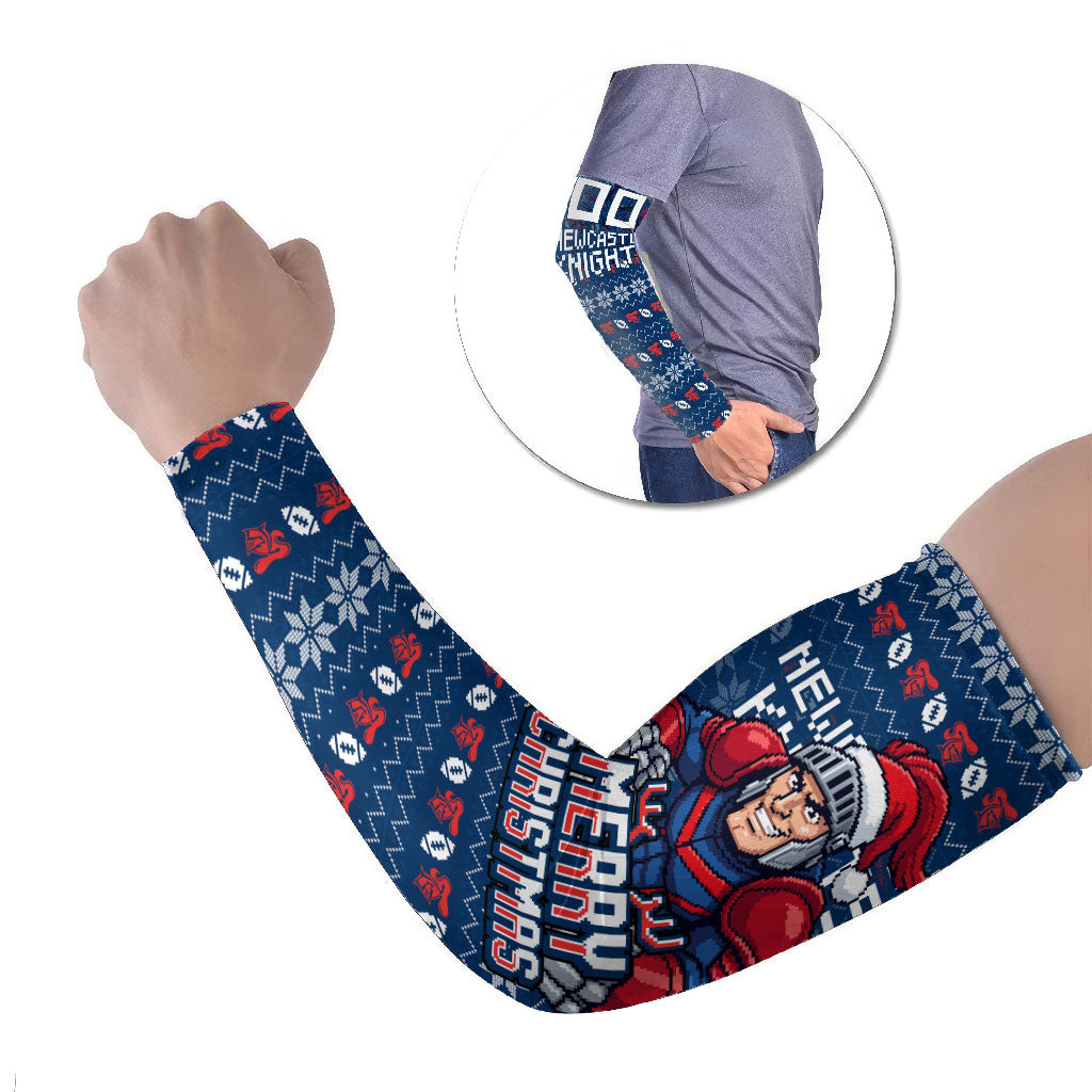 Personalized Newcastle Knights Christmas Arm Sleeves Australian Rugby Fans - Pixelated Ugly Xmas Pattern Mascot Santa