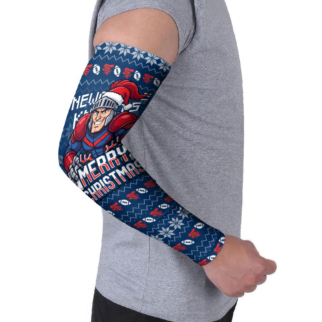Personalized Newcastle Knights Christmas Arm Sleeves Australian Rugby Fans - Pixelated Ugly Xmas Pattern Mascot Santa