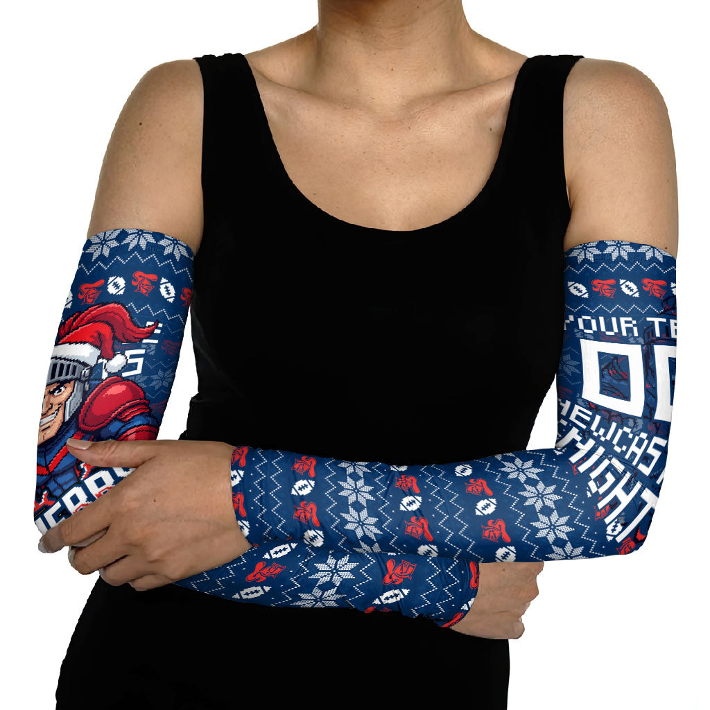 Personalized Newcastle Knights Christmas Arm Sleeves Australian Rugby Fans - Pixelated Ugly Xmas Pattern Mascot Santa