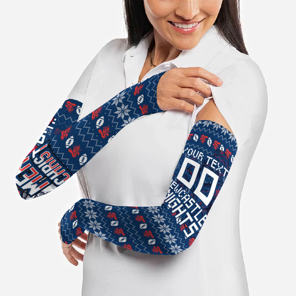 Personalized Newcastle Knights Christmas Arm Sleeves Australian Rugby Fans - Pixelated Ugly Xmas Pattern Mascot Santa
