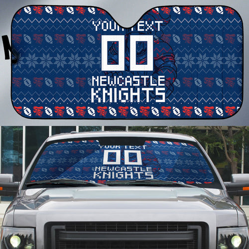 Personalized Newcastle Knights Christmas Auto Sun Shade Australian Rugby Fans - Pixelated Ugly Xmas Pattern Mascot Santa