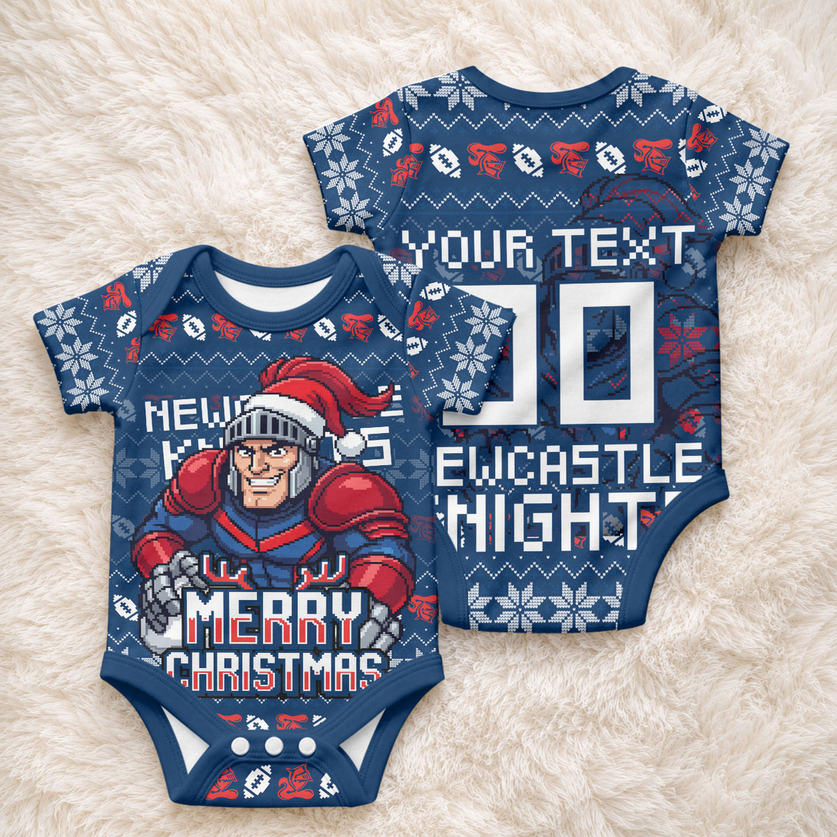 Personalized Newcastle Knights Christmas Baby Onesie Australian Rugby Fans - Pixelated Ugly Xmas Pattern Mascot Santa