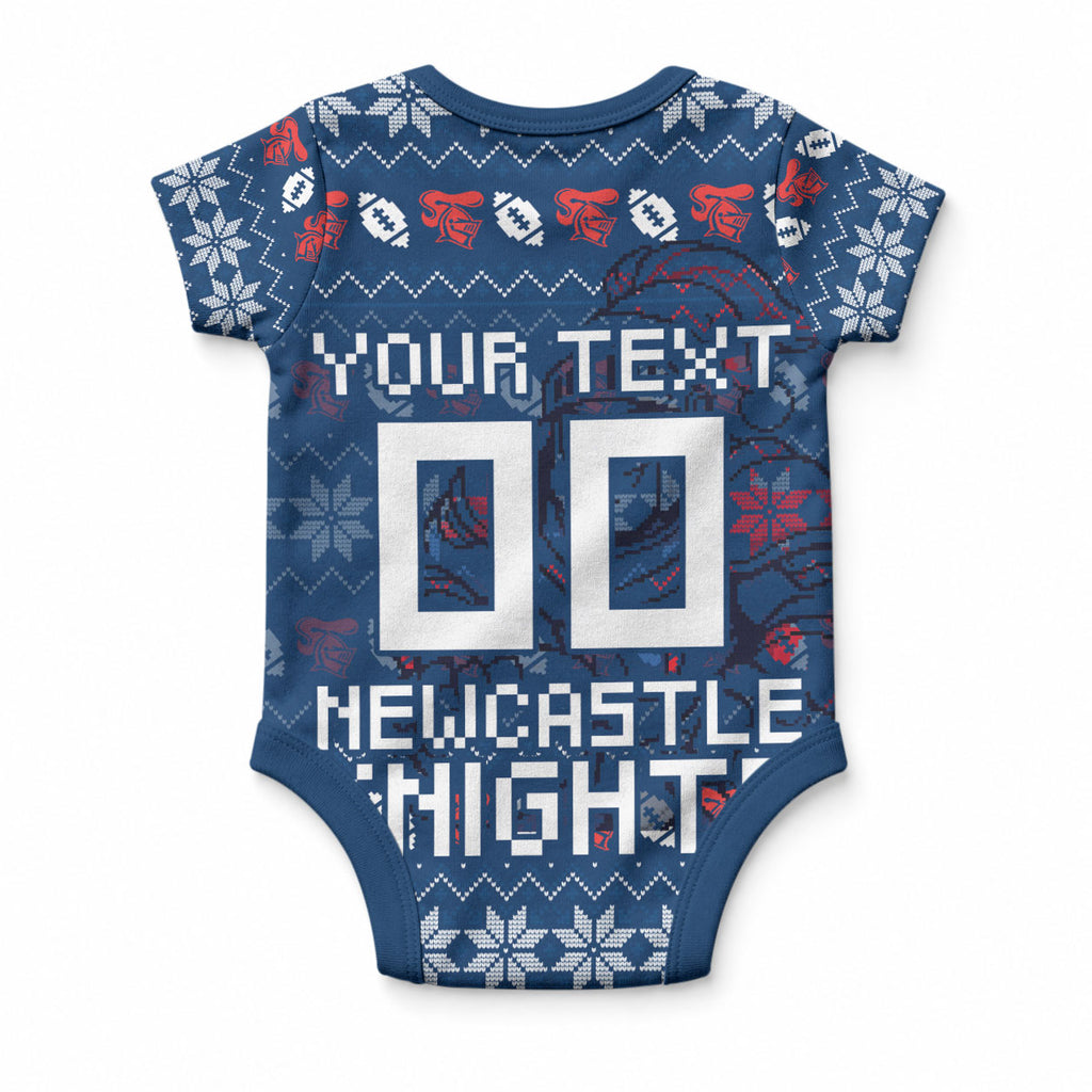 Personalized Newcastle Knights Christmas Baby Onesie Australian Rugby Fans - Pixelated Ugly Xmas Pattern Mascot Santa