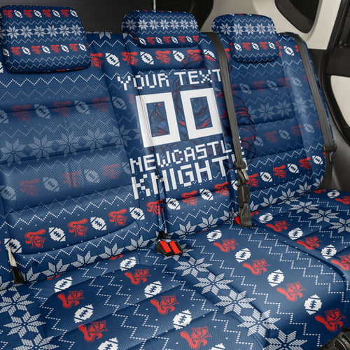 Personalized Newcastle Knights Christmas Back Car Seat Cover Australian Rugby Fans - Pixelated Ugly Xmas Pattern Mascot Santa