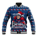 Personalized Newcastle Knights Christmas Baseball Jacket Australian Rugby Fans - Pixelated Ugly Xmas Pattern Mascot Santa