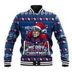 Personalized Newcastle Knights Christmas Baseball Jacket Australian Rugby Fans - Pixelated Ugly Xmas Pattern Mascot Santa