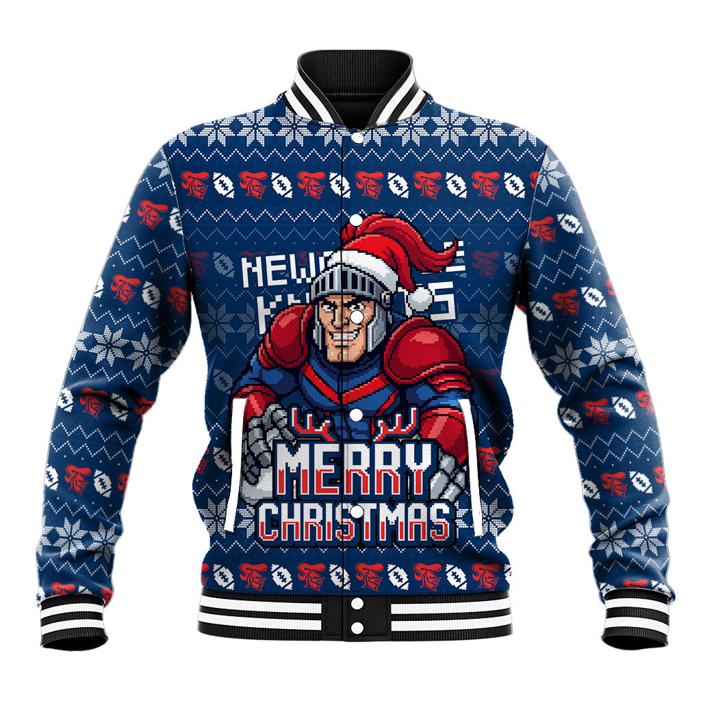 Personalized Newcastle Knights Christmas Baseball Jacket Australian Rugby Fans - Pixelated Ugly Xmas Pattern Mascot Santa