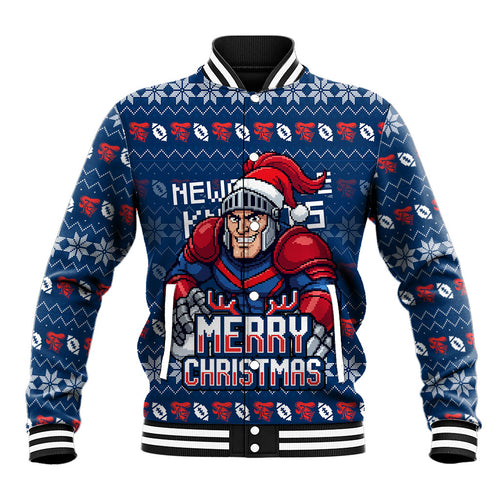 Personalized Newcastle Knights Christmas Baseball Jacket Australian Rugby Fans - Pixelated Ugly Xmas Pattern Mascot Santa