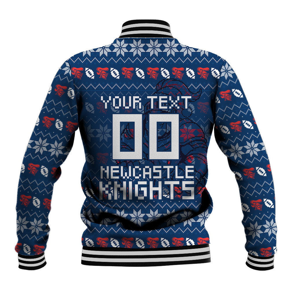 Personalized Newcastle Knights Christmas Baseball Jacket Australian Rugby Fans - Pixelated Ugly Xmas Pattern Mascot Santa
