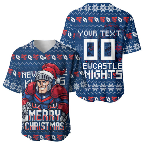 Personalized Newcastle Knights Christmas Baseball Jersey Australian Rugby Fans - Pixelated Ugly Xmas Pattern Mascot Santa