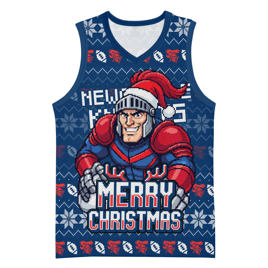 Personalized Newcastle Knights Christmas Basketball Jersey Australian Rugby Fans - Pixelated Ugly Xmas Pattern Mascot Santa