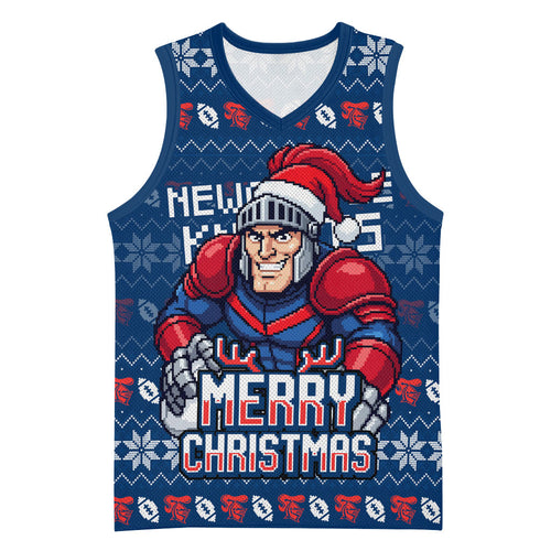 Personalized Newcastle Knights Christmas Basketball Jersey Australian Rugby Fans - Pixelated Ugly Xmas Pattern Mascot Santa