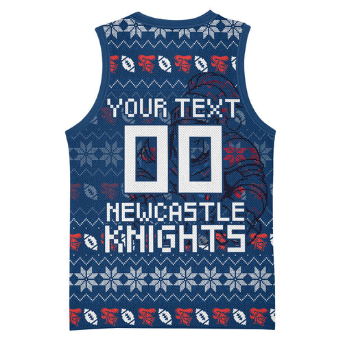 Personalized Newcastle Knights Christmas Basketball Jersey Australian Rugby Fans - Pixelated Ugly Xmas Pattern Mascot Santa