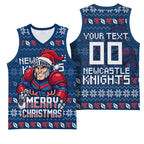 Personalized Newcastle Knights Christmas Basketball Jersey Australian Rugby Fans - Pixelated Ugly Xmas Pattern Mascot Santa