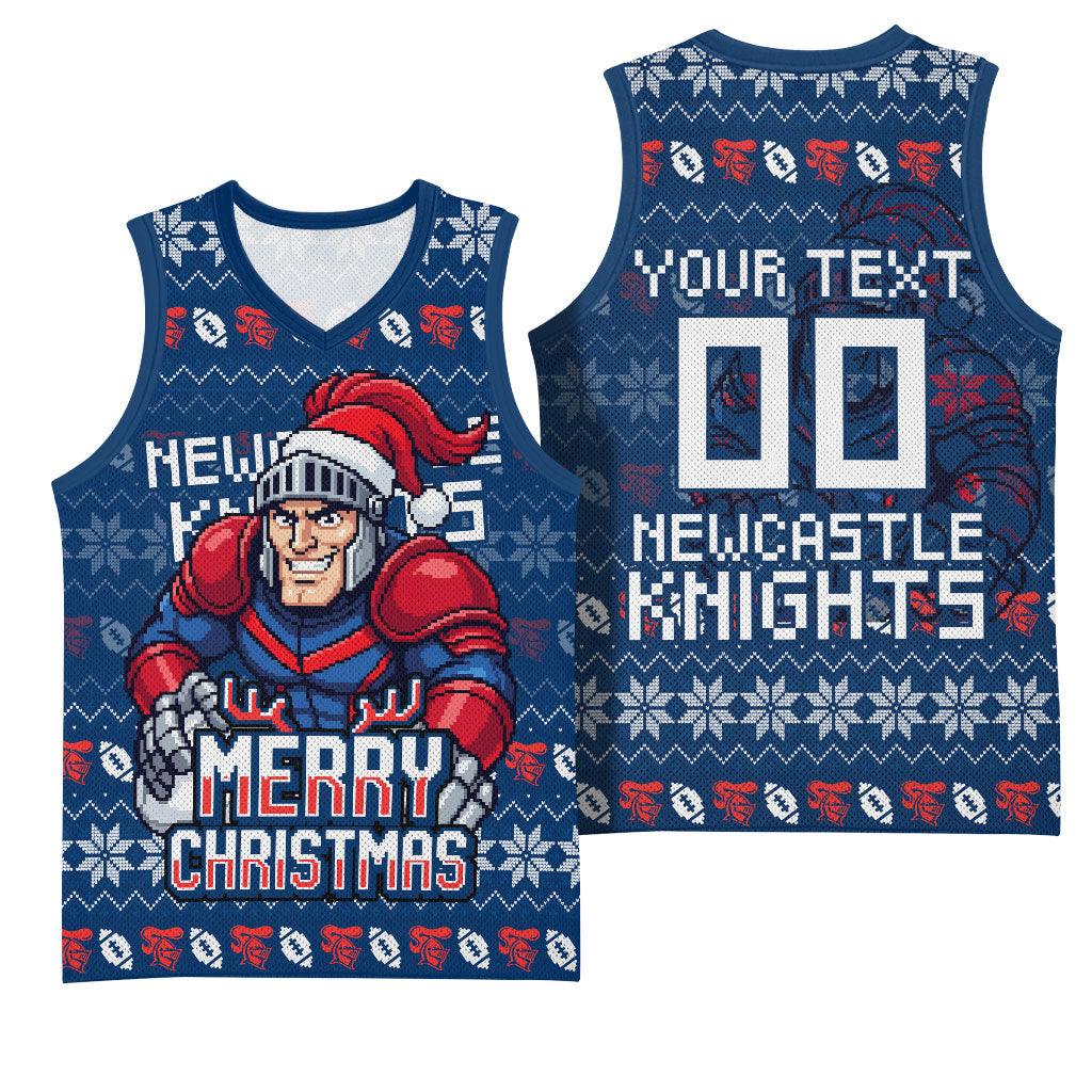 Personalized Newcastle Knights Christmas Basketball Jersey Australian Rugby Fans - Pixelated Ugly Xmas Pattern Mascot Santa