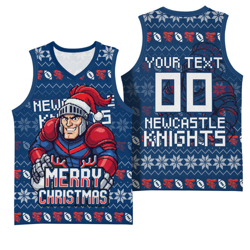 Personalized Newcastle Knights Christmas Basketball Jersey Australian Rugby Fans - Pixelated Ugly Xmas Pattern Mascot Santa
