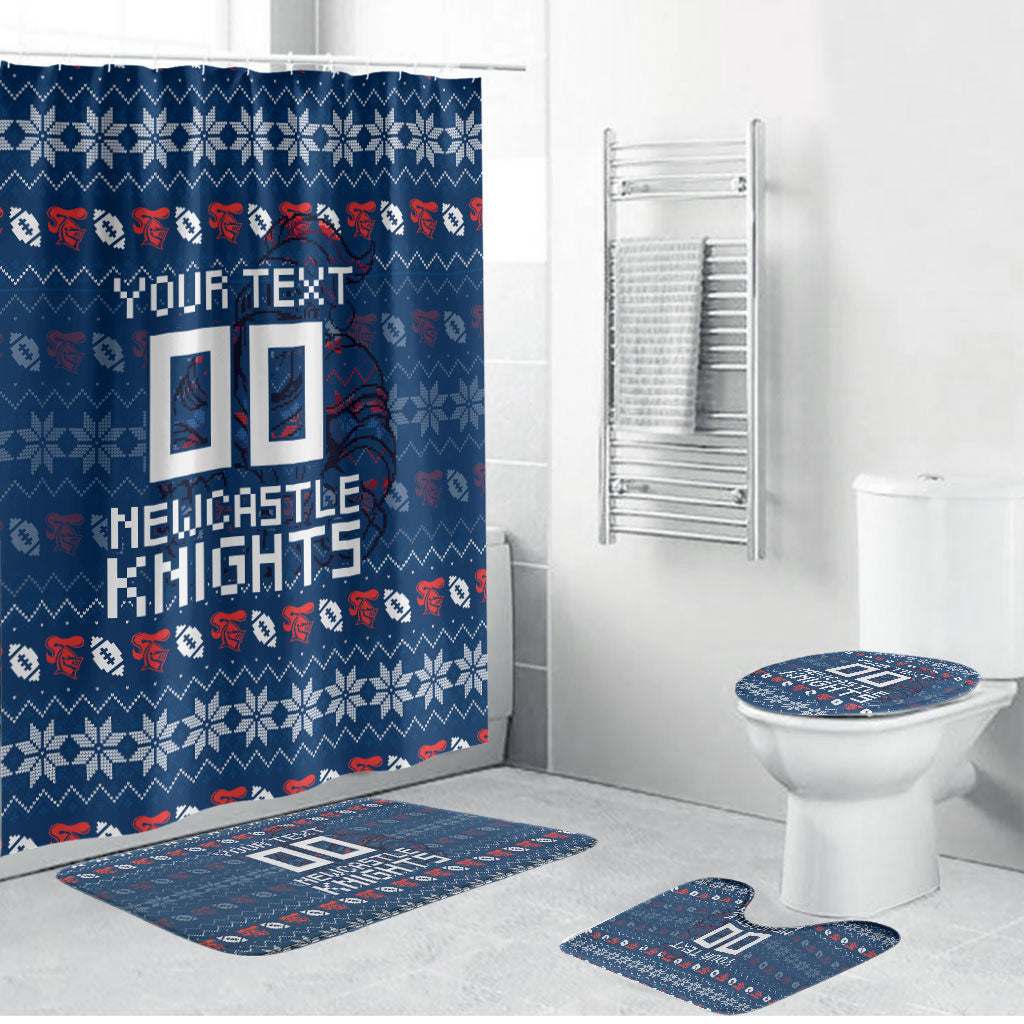 Personalized Newcastle Knights Christmas Bathroom Set Australian Rugby Fans - Pixelated Ugly Xmas Pattern Mascot Santa