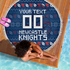 Personalized Newcastle Knights Christmas Beach Blanket Australian Rugby Fans - Pixelated Ugly Xmas Pattern Mascot Santa