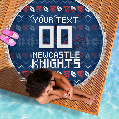 Personalized Newcastle Knights Christmas Beach Blanket Australian Rugby Fans - Pixelated Ugly Xmas Pattern Mascot Santa