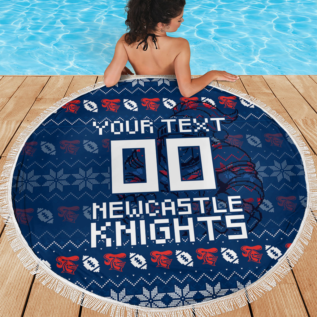 Personalized Newcastle Knights Christmas Beach Blanket Australian Rugby Fans - Pixelated Ugly Xmas Pattern Mascot Santa