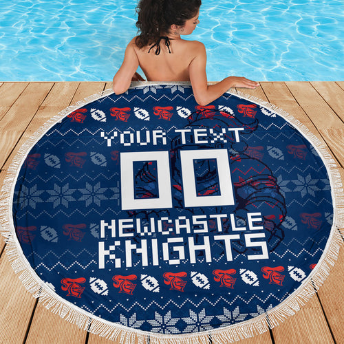 Personalized Newcastle Knights Christmas Beach Blanket Australian Rugby Fans - Pixelated Ugly Xmas Pattern Mascot Santa