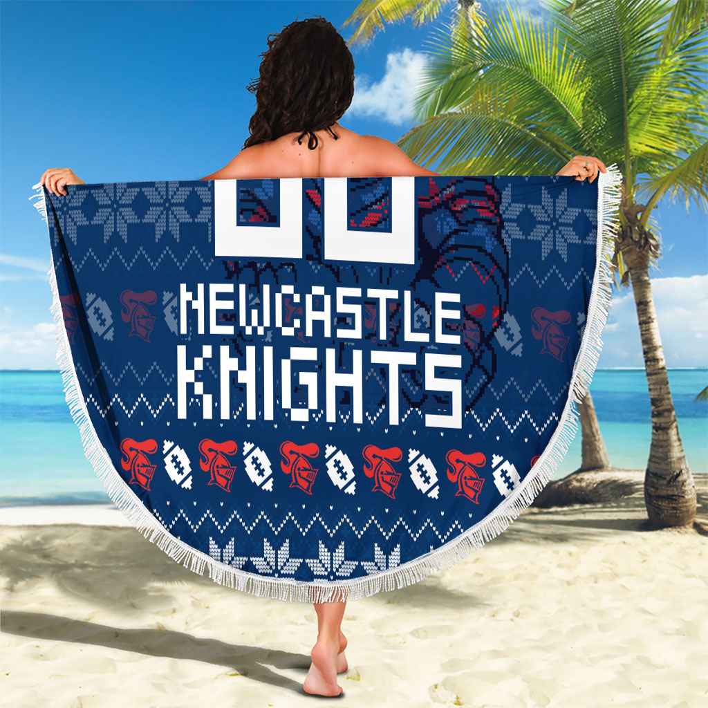 Personalized Newcastle Knights Christmas Beach Blanket Australian Rugby Fans - Pixelated Ugly Xmas Pattern Mascot Santa