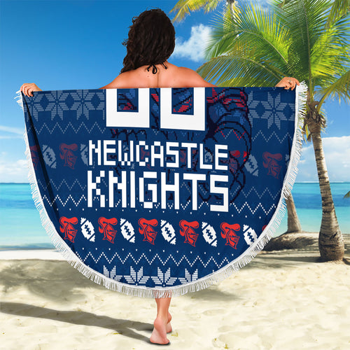 Personalized Newcastle Knights Christmas Beach Blanket Australian Rugby Fans - Pixelated Ugly Xmas Pattern Mascot Santa