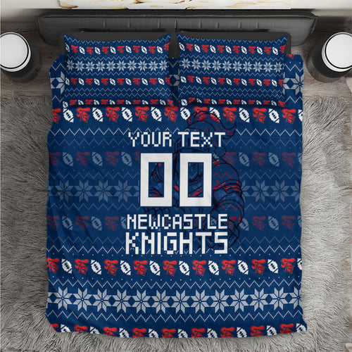Personalized Newcastle Knights Christmas Bedding Set Australian Rugby Fans - Pixelated Ugly Xmas Pattern Mascot Santa