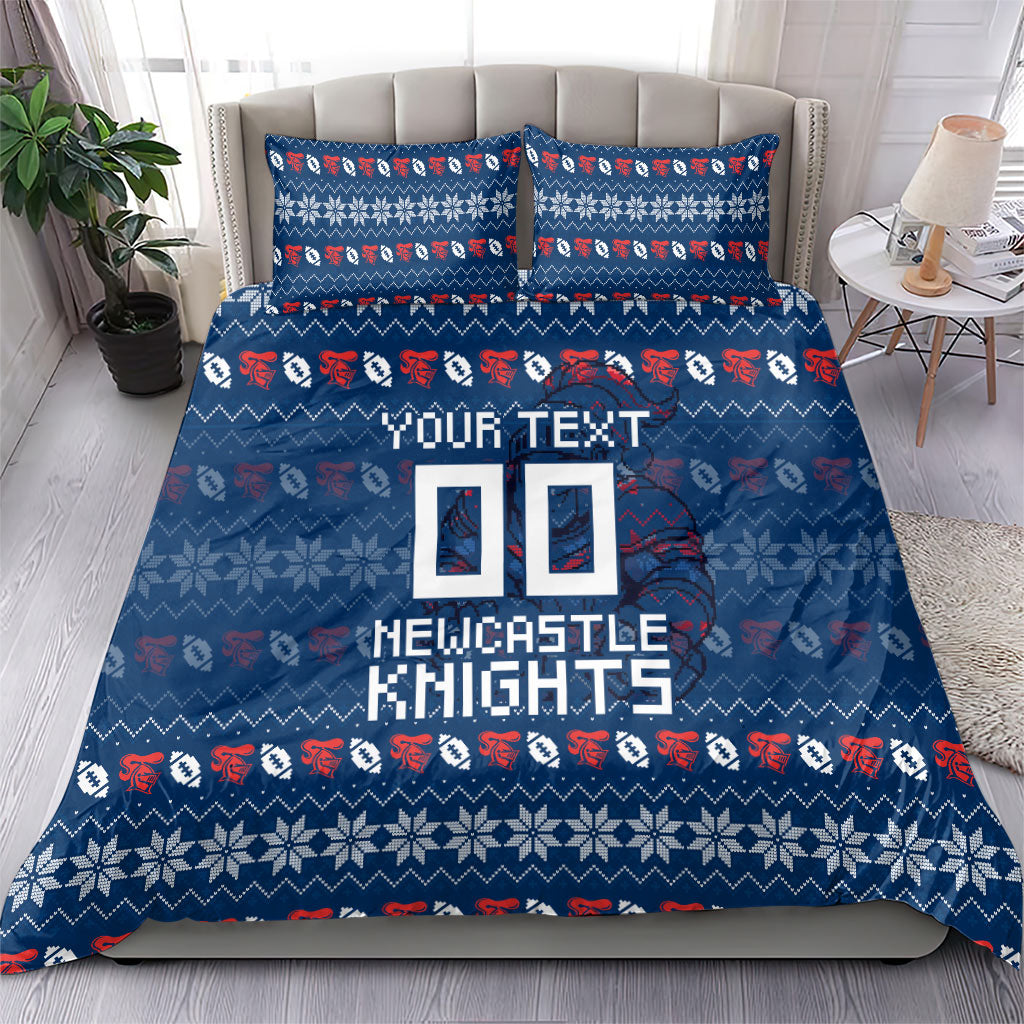 Personalized Newcastle Knights Christmas Bedding Set Australian Rugby Fans - Pixelated Ugly Xmas Pattern Mascot Santa