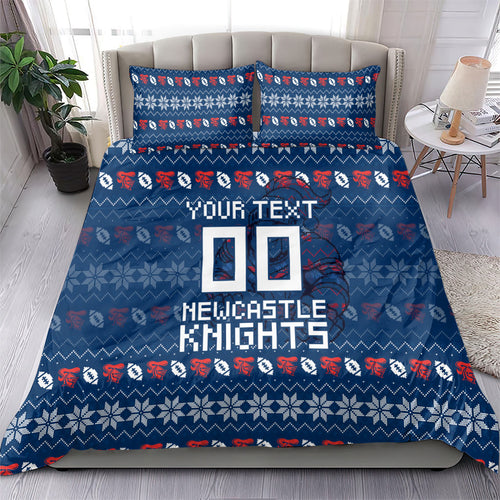 Personalized Newcastle Knights Christmas Bedding Set Australian Rugby Fans - Pixelated Ugly Xmas Pattern Mascot Santa