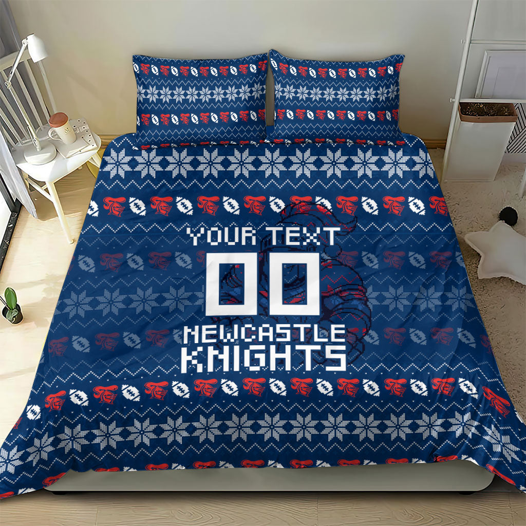Personalized Newcastle Knights Christmas Bedding Set Australian Rugby Fans - Pixelated Ugly Xmas Pattern Mascot Santa
