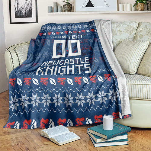 Personalized Newcastle Knights Christmas Blanket Australian Rugby Fans - Pixelated Ugly Xmas Pattern Mascot Santa