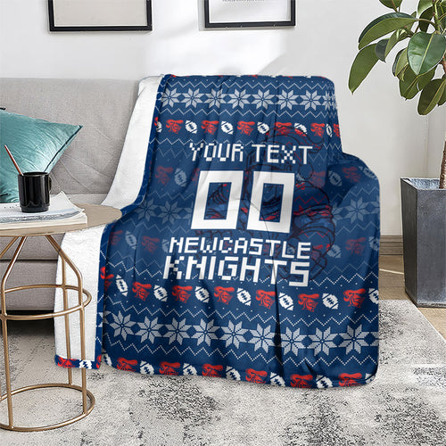 Personalized Newcastle Knights Christmas Blanket Australian Rugby Fans - Pixelated Ugly Xmas Pattern Mascot Santa