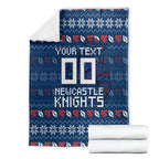 Personalized Newcastle Knights Christmas Blanket Australian Rugby Fans - Pixelated Ugly Xmas Pattern Mascot Santa