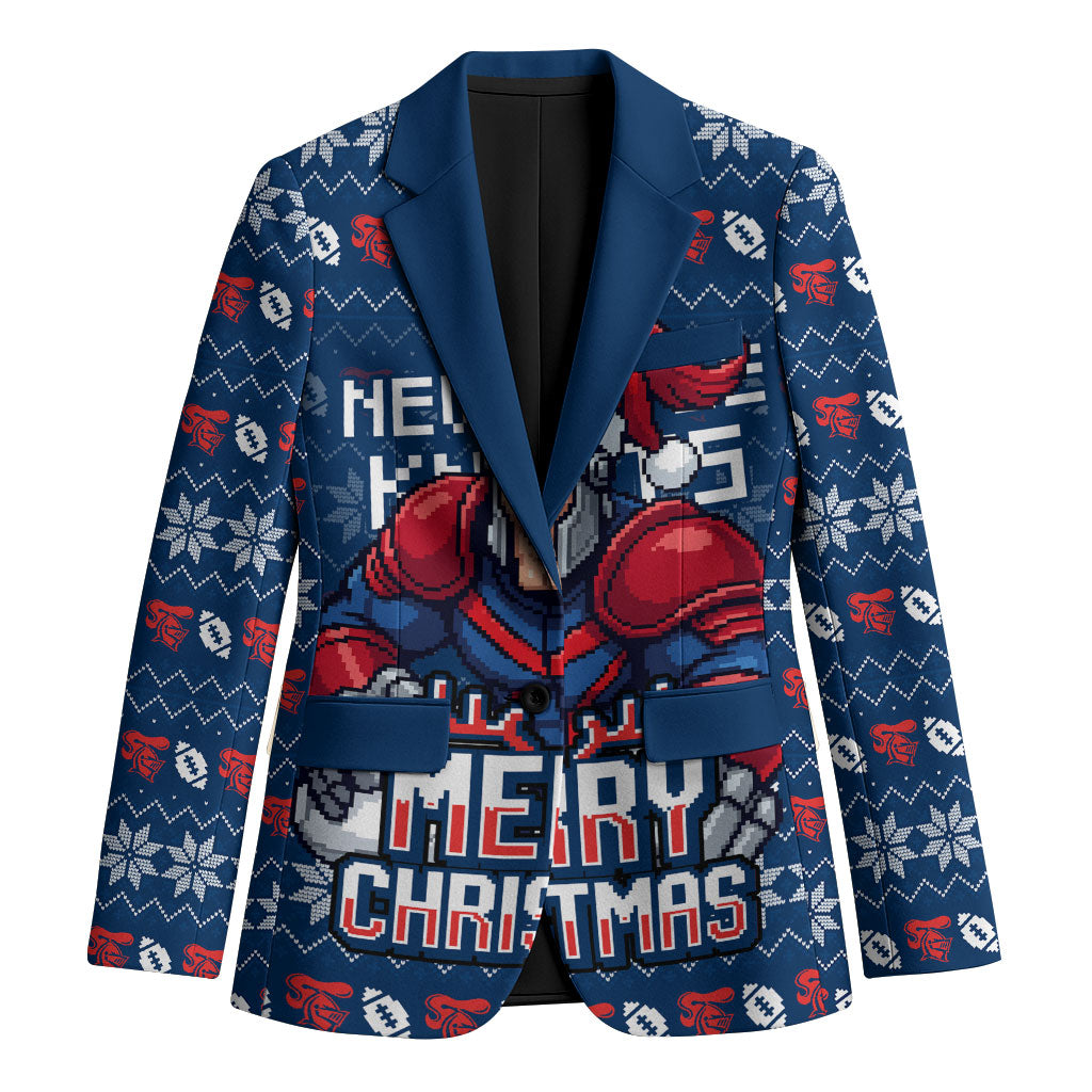 Personalized Newcastle Knights Christmas Blazer Australian Rugby Fans - Pixelated Ugly Xmas Pattern Mascot Santa