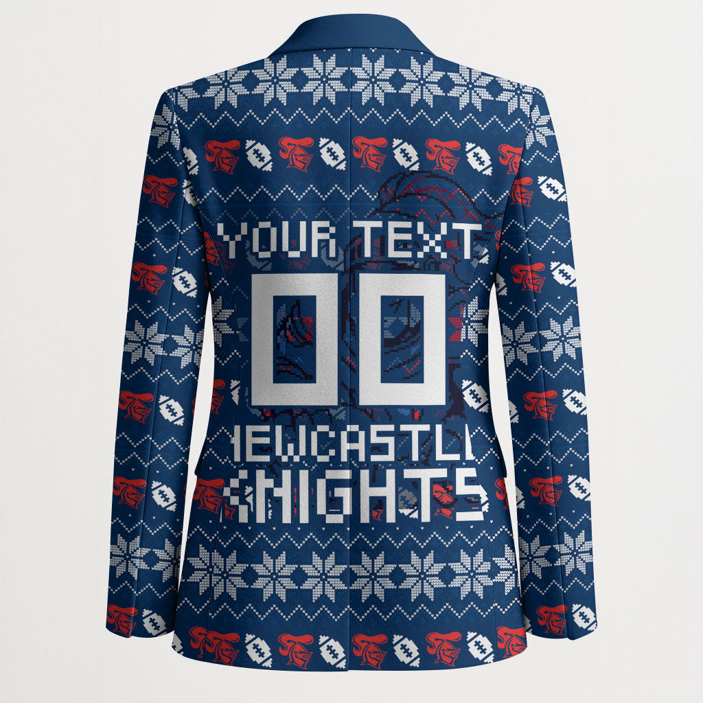 Personalized Newcastle Knights Christmas Blazer Australian Rugby Fans - Pixelated Ugly Xmas Pattern Mascot Santa