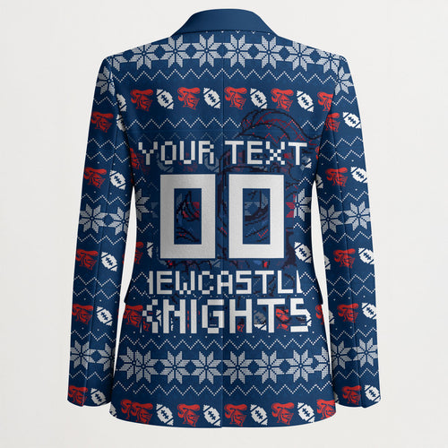 Personalized Newcastle Knights Christmas Blazer Australian Rugby Fans - Pixelated Ugly Xmas Pattern Mascot Santa