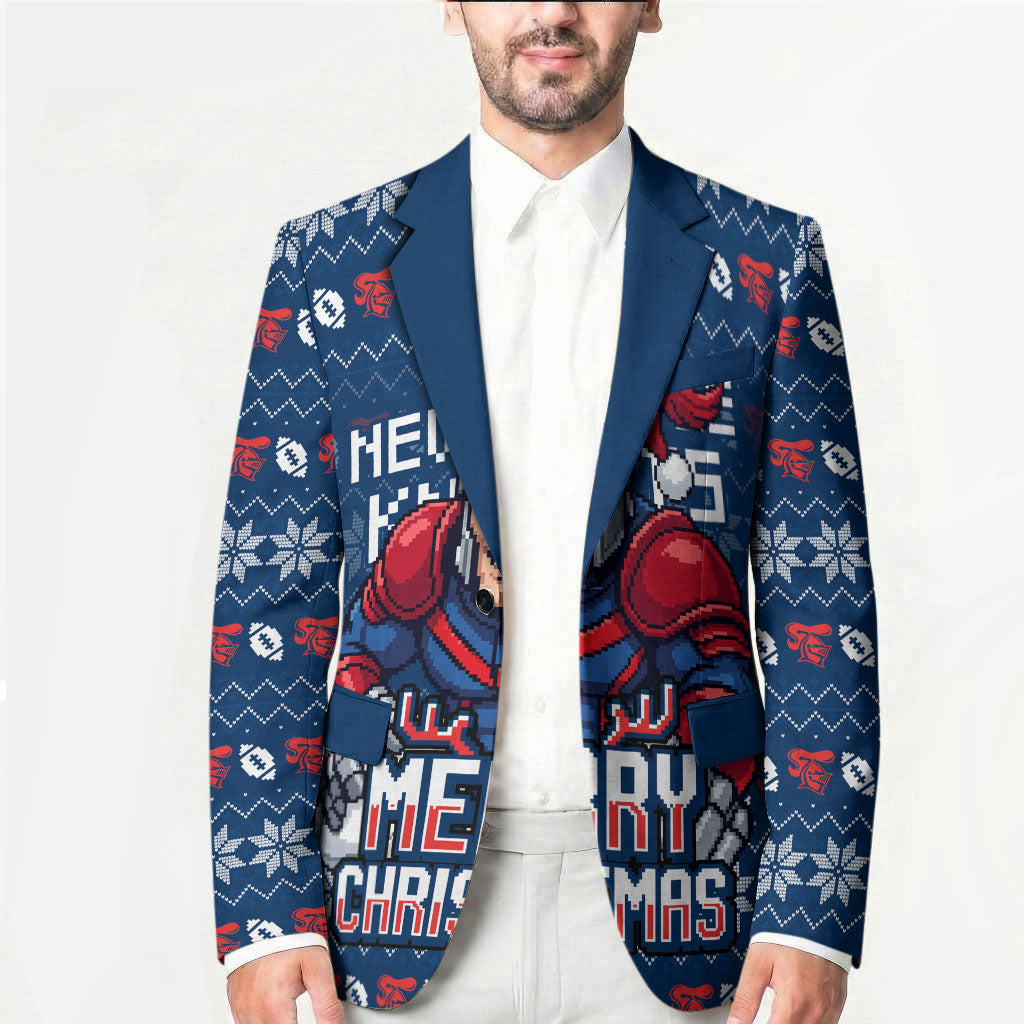 Personalized Newcastle Knights Christmas Blazer Australian Rugby Fans - Pixelated Ugly Xmas Pattern Mascot Santa