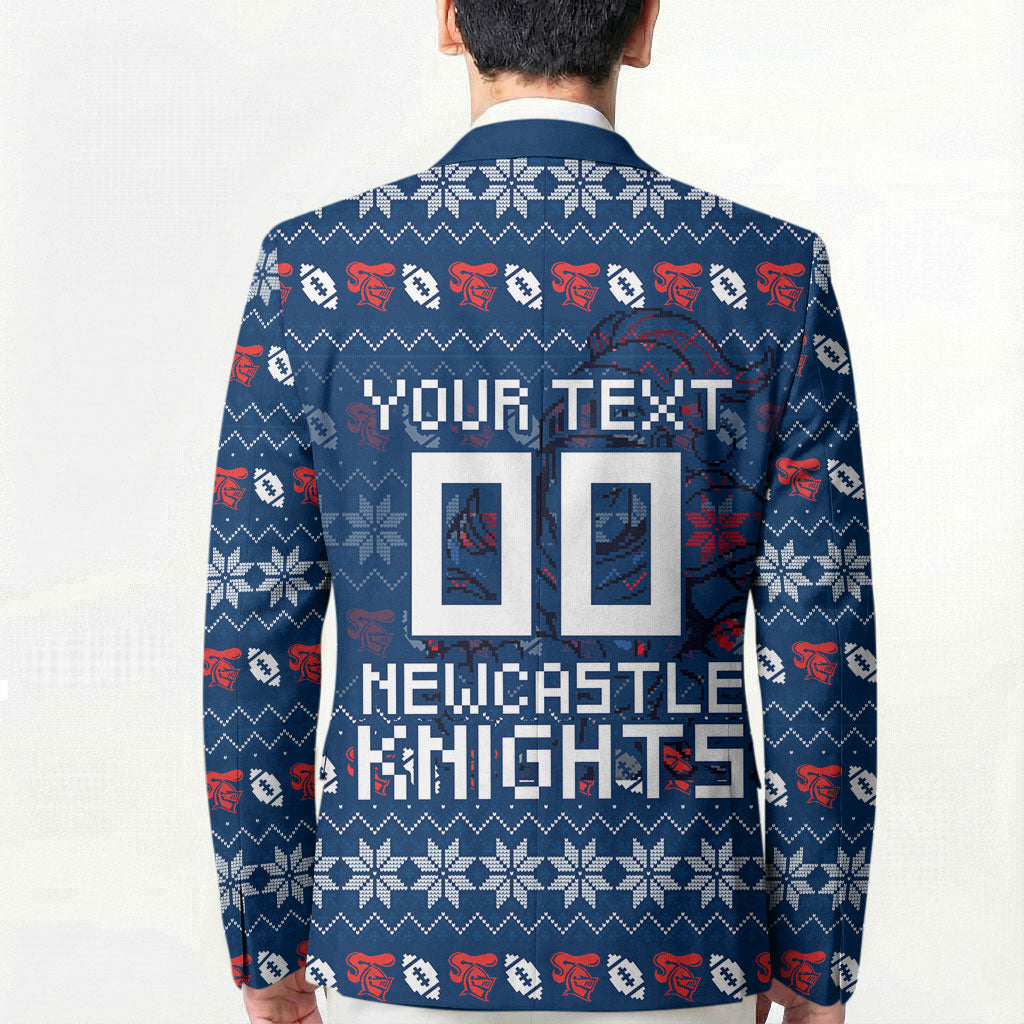 Personalized Newcastle Knights Christmas Blazer Australian Rugby Fans - Pixelated Ugly Xmas Pattern Mascot Santa