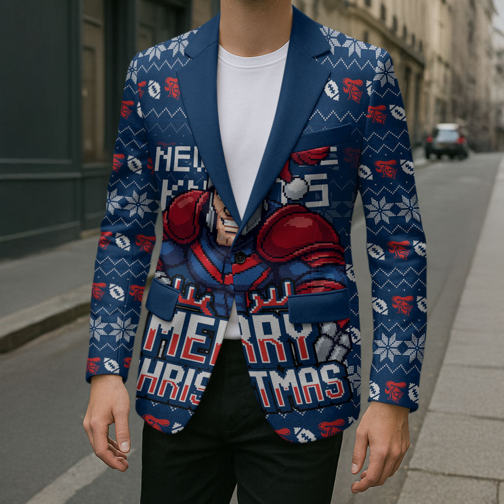 Personalized Newcastle Knights Christmas Blazer Australian Rugby Fans - Pixelated Ugly Xmas Pattern Mascot Santa
