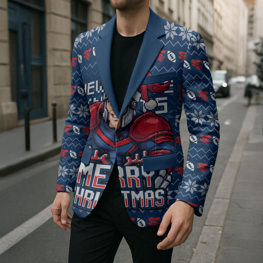 Personalized Newcastle Knights Christmas Blazer Australian Rugby Fans - Pixelated Ugly Xmas Pattern Mascot Santa