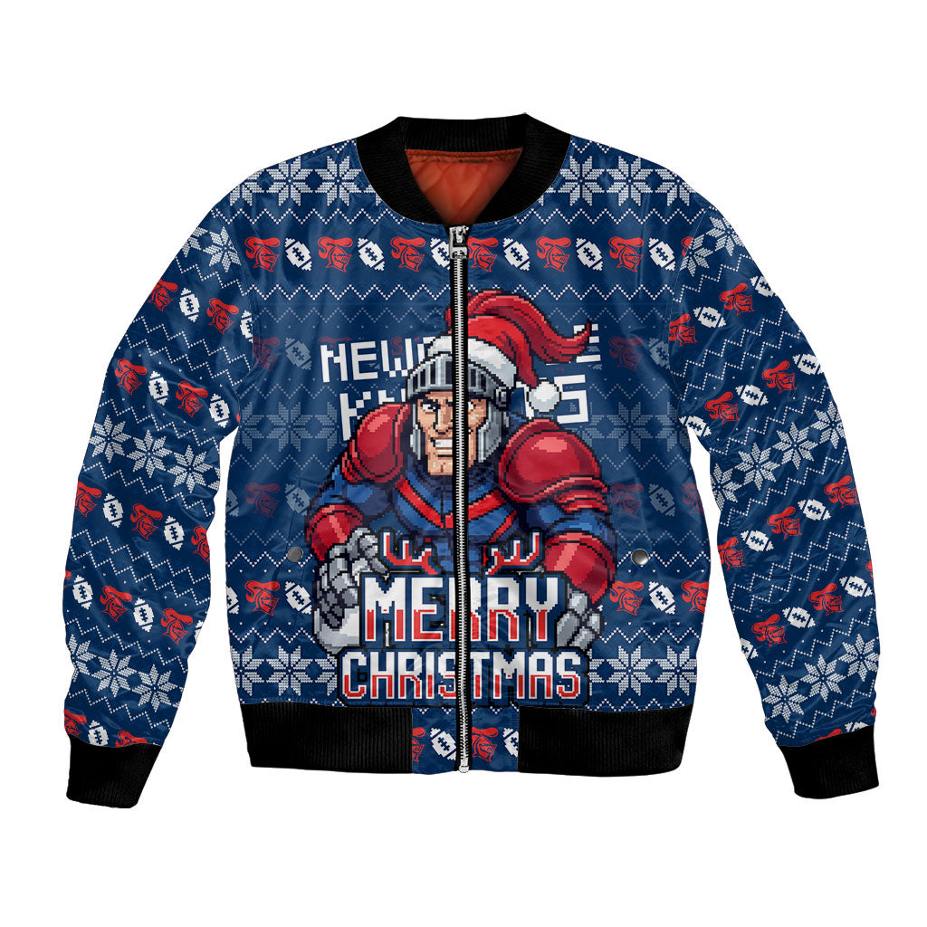 Personalized Newcastle Knights Christmas Bomber Jacket Australian Rugby Fans - Pixelated Ugly Xmas Pattern Mascot Santa