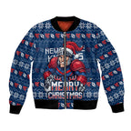 Personalized Newcastle Knights Christmas Bomber Jacket Australian Rugby Fans - Pixelated Ugly Xmas Pattern Mascot Santa