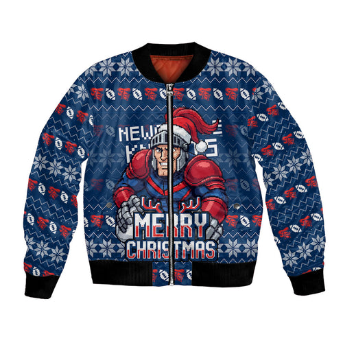 Personalized Newcastle Knights Christmas Bomber Jacket Australian Rugby Fans - Pixelated Ugly Xmas Pattern Mascot Santa