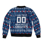 Personalized Newcastle Knights Christmas Bomber Jacket Australian Rugby Fans - Pixelated Ugly Xmas Pattern Mascot Santa