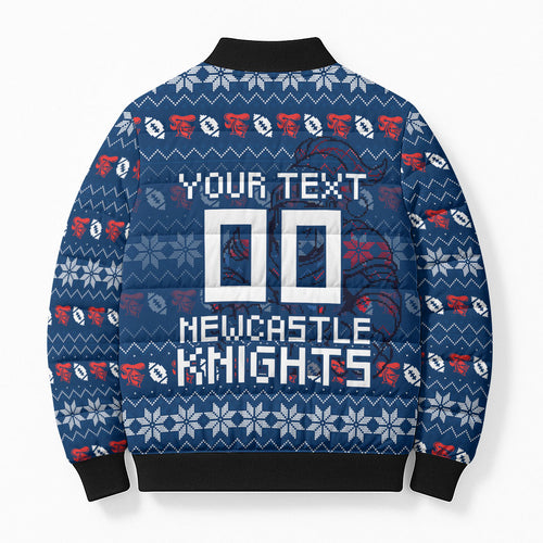 Personalized Newcastle Knights Christmas Bomber Puffer Jacket Australian Rugby Fans - Pixelated Ugly Xmas Pattern Mascot Santa