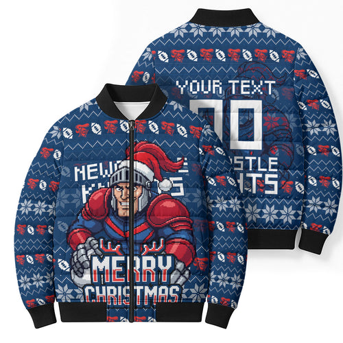 Personalized Newcastle Knights Christmas Bomber Puffer Jacket Australian Rugby Fans - Pixelated Ugly Xmas Pattern Mascot Santa
