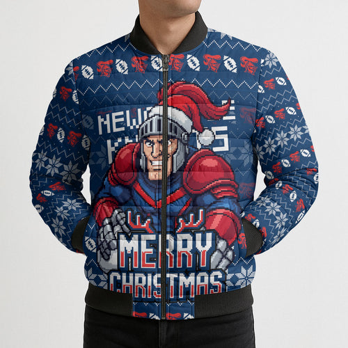 Personalized Newcastle Knights Christmas Bomber Puffer Jacket Australian Rugby Fans - Pixelated Ugly Xmas Pattern Mascot Santa