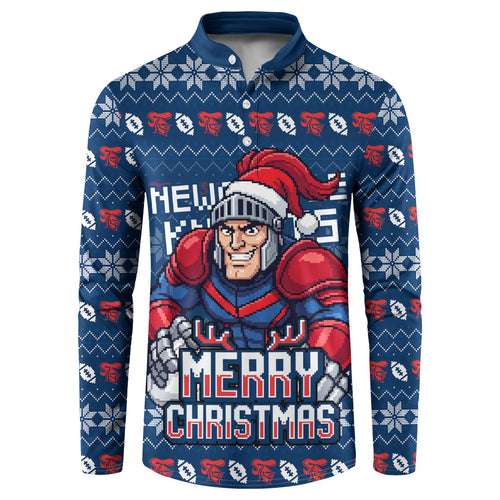 Personalized Newcastle Knights Christmas Button Sweatshirt Australian Rugby Fans - Pixelated Ugly Xmas Pattern Mascot Santa